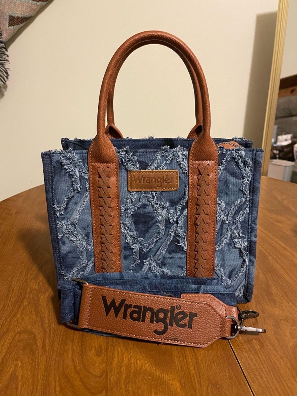 Wrangler Distressed Blue Denim Tote with Brown Leather Handles